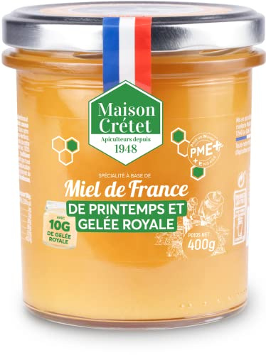 Maison Crétet | Miel de France de Printemps et Gelée Royale | Miel non pasteurisé récolté en France en pot verre | préparation en pot de 400G