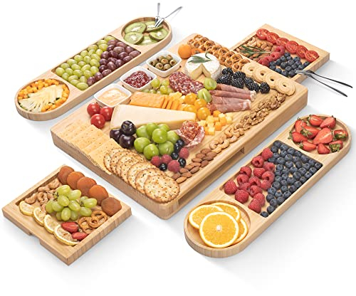 FamRica Extra Large Charcuterie Set - Cheese Board With 2 Drawers, Bamboo Serving Tray - Unique Mothers Day, Wedding, Housewarming, Birthday Gifts