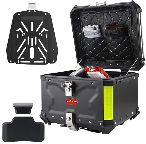 LASIEYO 55L Motorrad Topcase, Aluminium Motorradkoffer Heckbox Reisen Motorradkoffer mit Sicherheitsschloss für Lager Helm Großes Gepäck, Wasserdicht Motorrad Top Box