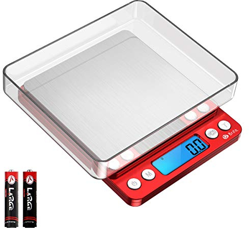 Criacr Digital Pocket Scales, 3kg Stainless Steel Kitchen Scales with 2 Trays, Small Cooking Scales with Back-Lit LCD Display, Tare and PCS Features, 0.1g/0.01 oz Precise, for Kitchen, Jewellery (Red)