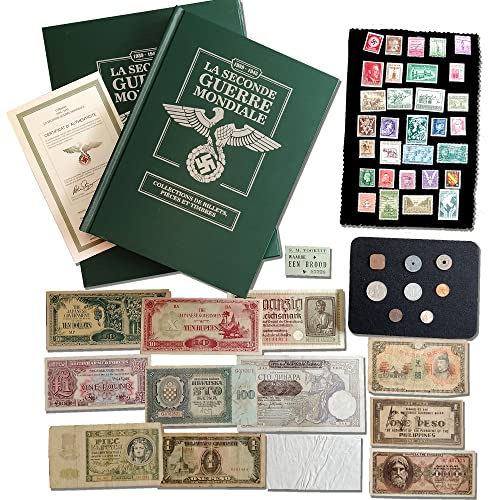 52 pièces de monnaie, timbres et billets de banque originaux de la Seconde Guerre mondiale + 1 livre album pour conserver la collection. Édition limitée incluant certificat d'authenticité.