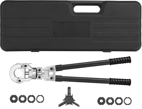 NEO TOOLS PEX-Verbindungspresse mit Teleskopgriff, Reichweite 58-83 cm, 360-Schwenkkopf, 60kN, Tragekoffer, U-förmige Pressbacken, 4,26 kg, weicher Griff, Rohrkalibrator, mit Entgrater
