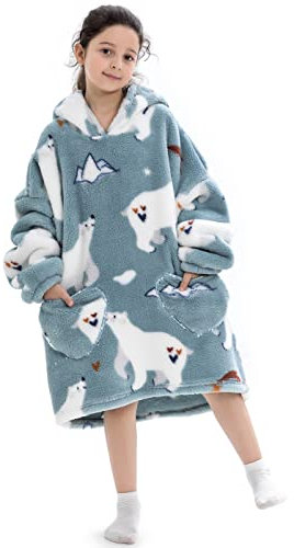 Ksnnrsng Kinder Tragbare Decken Übergroße Hoodie Sweatshirt Decken für Jungen Mädchen Teenager, Pullover Kapuzenpullover Oversized Tragbare Decke Weich Bequeme warmes (Eisbär, 7-13 Jahre)
