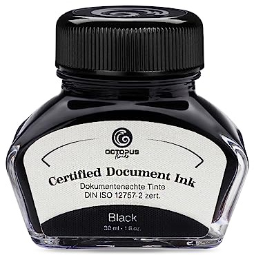 Octopus Fluids Document Ink black, dokumentenechte Tinte, zertifiziert nach DIN ISO 12757-2, schwarz, 30 ml | DIN ISO 12757-2 zertifiziert, wasserfest, lichtecht und wischbeständig für Unterschriften, Urkunden und Verträge
