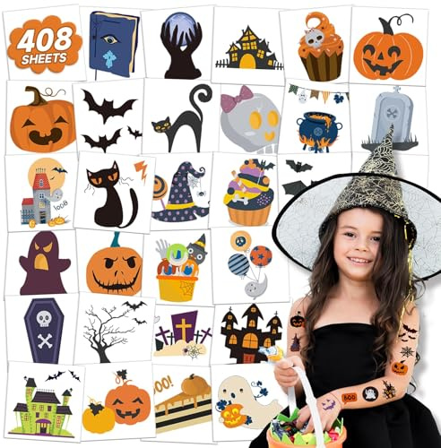 408 feuilles de tatouages temporaires d'Halloween pour les enfants, les tatouages individuels des enfants pour la fête d'Halloween fournit des bonbons, Mignon citrouille fantômes autocollants