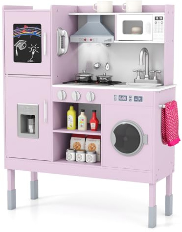 COSTWAY Wooden Kids Play Kitchen, Height Adjustable Pretend Cooking Playset with Light, Sound, Toy Telephone, Ice Maker & 16 PCS Accessories, Children's Chef Role Play Set for Boys Girls (Pink)