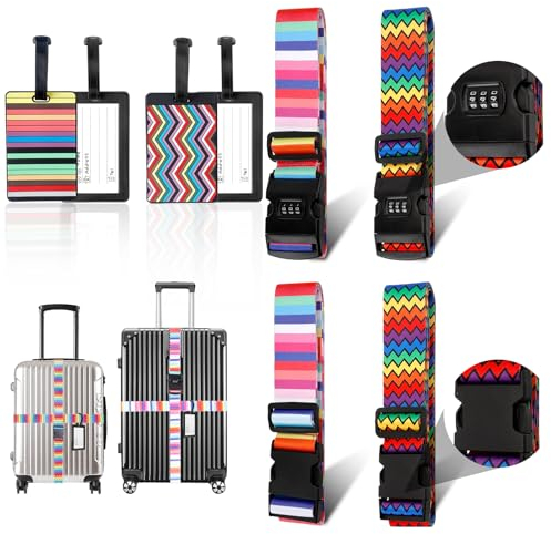 4Pcs Koffergurt mit Zahlenschloss + 2Pcs Kofferanhänger mit Adressschild,200 * 5CM Einstellbare rutschfest Passwort Gepäckgurt Gepäckband mit TSA Schloss für Koffer Gurtband Koffergurte