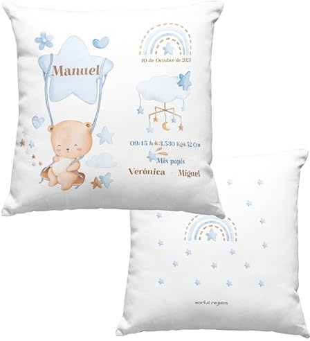 Cojín Personalizado para Recién Nacido 40x40cm - Natalicio con Datos del Bebé - Infantil para Bebés - Regalos Personalizados (Azul Pastel)