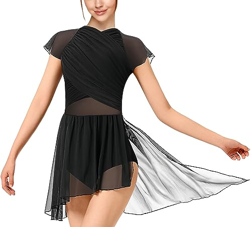 DANSHOW Women Lyrical Modern Dance Dress Flutter Sleeve Mesh Skirted Contemporary Dance Costume, Water-Drop Hollow Back(23706-06-S)