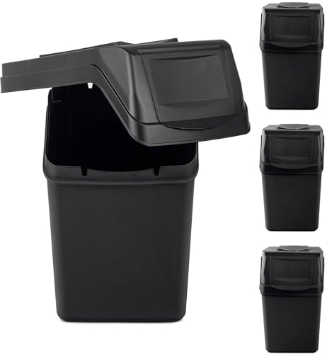 KADAX Juego de cubos de basura de reciclaje de plástico, cubo de basura con tapa densa, cubo de basura con asas móviles (negro 4 x 25 l)
