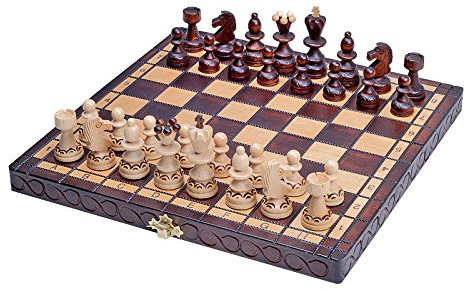 Sunrise Chess & Games Perelka Holzschach, 29 cm, Braun | Klappbrett 29 x 29 cm, Handgebrannte Buchenholzfiguren, Innenfach, Kompaktes Format