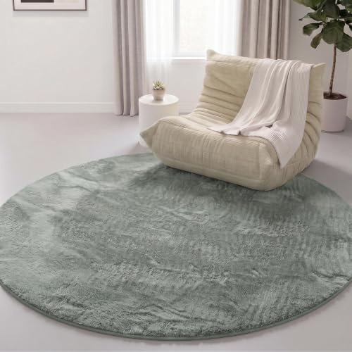 Interiyou Fargo - Teppich Wohnzimmer 120x120 cm Rund Grün - Kurzflor Waschbar und rutschfest - Flauschiger Fellteppich aus Kunstfell - weicher Langflor Fell