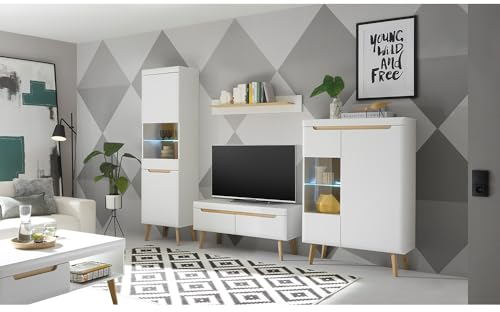 Lomadox Anbauwand in Weiß Matt mit Eiche, 5-teilig inkl. Couchtisch, Standvitrine, TV-Lowboard, Wandboard, Vitrine