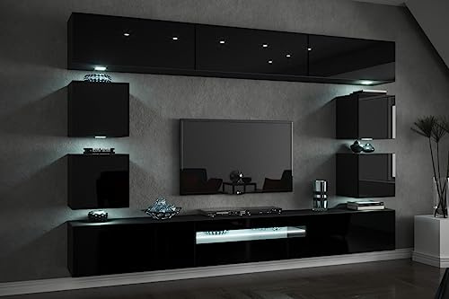 Com4t-Style C81 Black Gloss Living Room Furniture Set Modern TV Unit - Wall Cabinets with LED Lighting - TV Bench - Push to Open Cabinets 257 x 184 x 35 cm