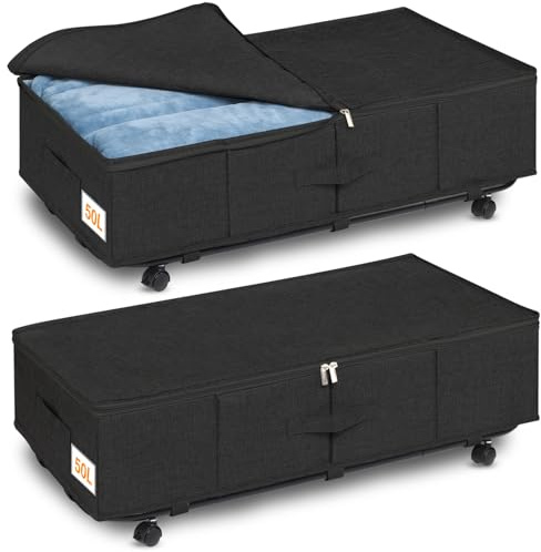 Huquter Lot de 2 grandes boîtes de rangement sous le lit, avec roulettes, rotation à 360°, 3 poignées, boîte de rangement avec couvercle, ultra épaisse, rangement pour couettes, avec roulettes, noir