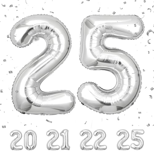 Globos de 25 cumpleaños,Plata 25 pulgadas Globo número, 25 decoraciones de Globo número cumpleaños para hombre y mujer, Globo inflable de lámina de Plata 25