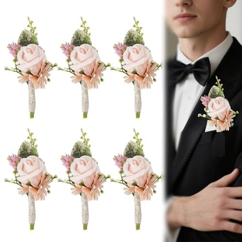 DELORIGIN 6pcs Flower Wedding Boutonniere Rose Pocket Corsage for Men with 6 Plastic Sleeve, Handmade Boutonniere Men Corsage for Wedding Groom Groomsmen Anniversary Ceremony Party Prom Dinner