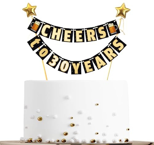 Sumerk 19 Pcs Happy 30th Birthday Cake Topper Gold Happy Birthday Banner + 2 Stars Cupcake Topper Birthday Cake Decorations for Girls Boys Men Women Birthday Bunting for Party
