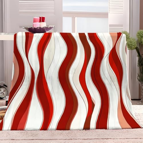 Kuscheldecke Flauschig Decke 100x150 cm Fleecedecke Sofadecke Warm Flauschige Rote Weiße Linien Wohndecke Couchdecke, Sherpa Decke Weich Sofaüberwurf