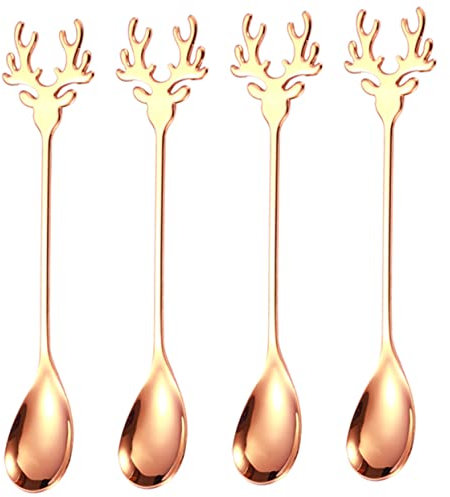 SEWOART 4pcs Cartoon Deer Coffee Spoon Stainless Steel Espresso Spoon for Home Use for Cake and Tea Serving