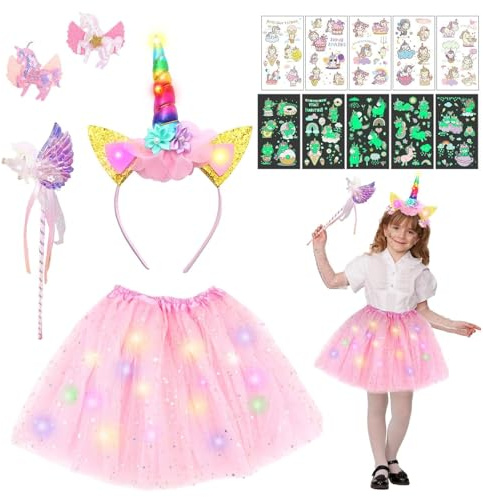 TaimeiMao Set costume da unicorno illuminato, con tutù da unicorno, bastoncini luminosi in fibra di vetro, fasce per capelli, fermagli per capelli, tatuaggi unicorno, Solo dai 15 anni in su