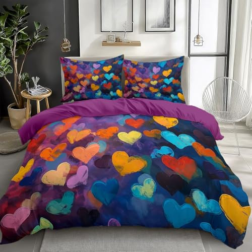 Set Copripiumino con Stampa Atmosfera Romantica a Forma di Cuore 200 x 200 cm, con Chiusura a Cerniera, per Bambino e Adolescenti, Copripiumino con Pittura Ad Olio (1 Copripiumino + 2 Federe)