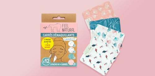Feel Natural - Pack de 3 Sets de 4 Carrés Démaquillants - Nettoyant - Lingettes Lavables - Réutilisables - Naturel - Doux - Haute Qualité - Pour Tous Types de Peau - Léger - 400 grs