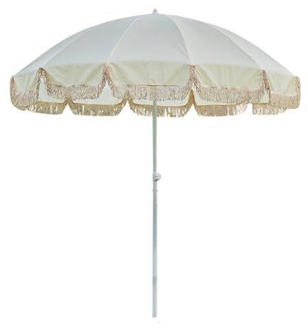 KXWOQ3ED 240 cm Strandschirm mit Fransen, UPF 50+ Terrassenschirm mit Quaste, 12 Fiberglasrippen, höhenverstellbarer Sonnenschirm für den Garten