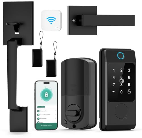 Miuedo WiFi Front Door Lock Sets with Handle, Fingerprint Keyless Entry and Smart Keypad with Lever Handles, Electronic Screen+WiFi Gateway, APP Control, Auto-Lock, Voice Control