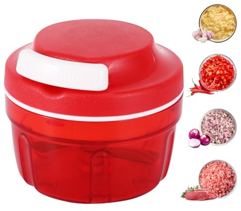 Hachoir à oignons, manuel, 300 ml, avec lames en acier inoxydable, hachoir à ail, robot de cuisine pour piment, oignons, légumes, noix, fruits, poivrons, viande, ail (rouge)