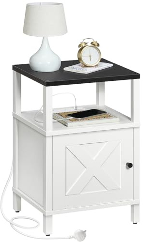 MAHANCRIS Beside Table with Charging Station, Side Table with Storage, Bedside Cabinet with USB Ports and Outlets, Wooden Nightstand for Bedroom, Living Room White and Black AETBW96KE01