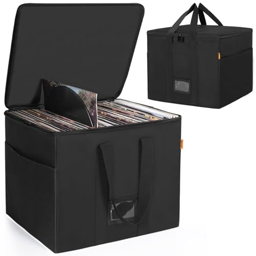 OUUTMEE Caja de almacenamiento de vinilo con cremalleras, Negro , XL-43 x 34 x 34 CM, Maletín de placas