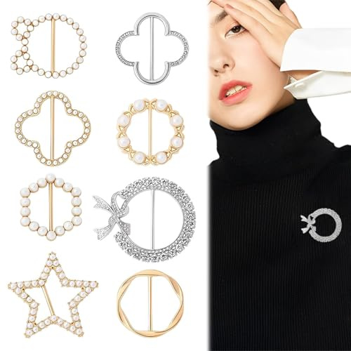 JEYORZY 8 Clips para Anillos de Bufanda, Clips de Hebilla de Anillo de Bufanda con Perlas, Clips de Corbata de Camiseta Circulares, Broches Ropa, Clip de Círculo de Metal de Moda para Ropa de Mujer