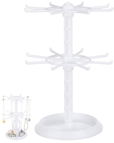 Baluue Rotating Display Stand 2 Tier Jewellery Organizer with Hooks for Necklaces Bracelets Earrings and Rings Compact Jewellery Storage Rack for Home and Retail