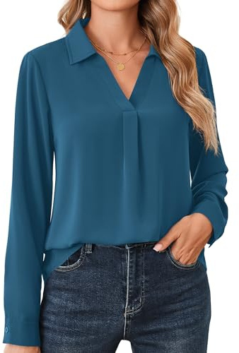 Beluring Damen Hemd Elegant V-Ausschnitt Pullover Hemdbluse Langarm Blusenshirt Pfauenblau XXL