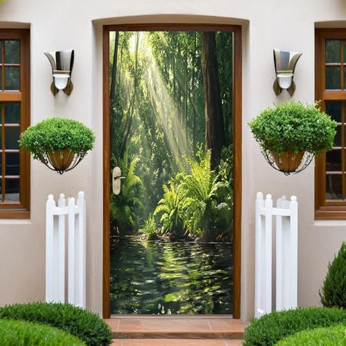 Autocollant Porte 77x200 cm Forêt verte et lumière du jour 3D Art Stickers de Porte PVC Imperméable Trompe L'Œil Papier Peint Murale pour Salon Cuisine Chambre Salle de Bain Decoration