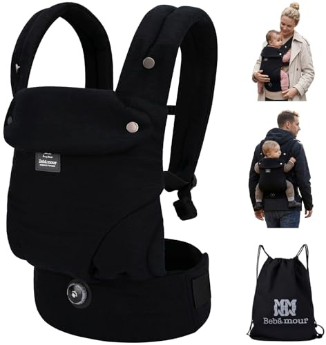 Bebamour Marsupio per bambini da 3,6 a 14,9 kg, ergonomico, confortevole, in cotone, anteriore e posteriore, nero