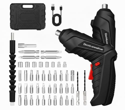 Electric Screwdriver, 48-in-1 Cordless Screwdriver, Portable Mini Drill with 46 Drill Bits Set, 3.6V/1300mAh Rechargeable Battery, 90°Rotating Handle & LED Light, Ideal for Home, Office, DIY, Black