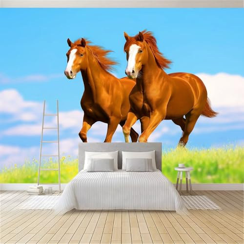 Azul Fondo de Pantalla PanoráMica 3d, Naturaleza Hierba Animales Caballos Fotomurales Mural 200 x 140 cm (An x Al) – Decoración de Pared Para Sala Cuarto Oficina y Salón
