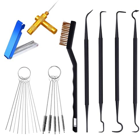 Kit di pulizia carburatore, 1 spazzola a testa singola 23 aghi, 5 spazzole in nylon, 1 raschietto e 4 ganci di pulizia per moto, ATV, motoseghe e piccoli motori