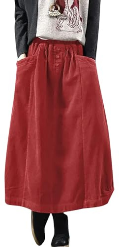 Women's Corduroy Maxi Skirt Elastic High Waist Drawstring Tie Front A-Line Pleated Long Skirt with Pockets Comfy