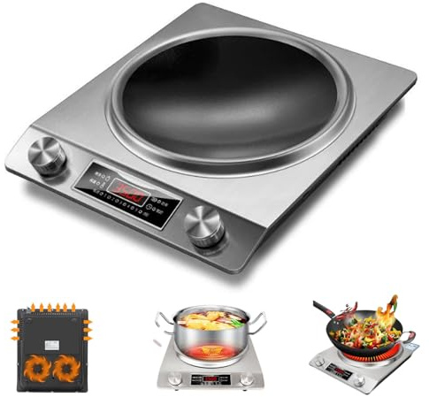 3500-Watt Induction Hob with 10 Temperature Levels, Portable Multifunctional Commercial Inductions Cooktop with LCD Display & Touch/Knob Control, Innovative Concave Design (Silver)