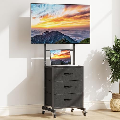GYIIYUO Rolling TV Stand with 3 Storage Fabric Drawers/Mount/Wheels, Small Mobile TV Stand for 32-55 inch TVs, Corner TV Cart for Bedroom,Office,Living Room(Black)