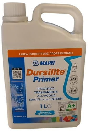 MAPEI Dursilite Primer, Fissativo Trasparente Base Acqua per Muri Interni, Promotore di Adesione, Basse Emissioni VOC, Consolidante per Pitture e Smalti (1 Litro)