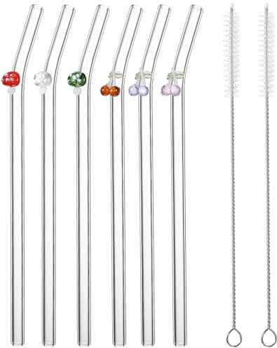 OSALADI Juego de 6 Pajitas de Vidrio Reutilizables Curvadas con Dijes de Hongos y Colores Aleatorios 2 Cepillos Limpiadores Incluidos para Bebidas como Té Jugo y Agua Color Aleatorio