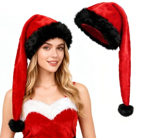TAGVO Cappello di Babbo Natale, Cappello Natale Peluche per Adulti, Cappellini Natale Lungo Cappellino Babbo Natale per Uomo e Donna 55-57CM