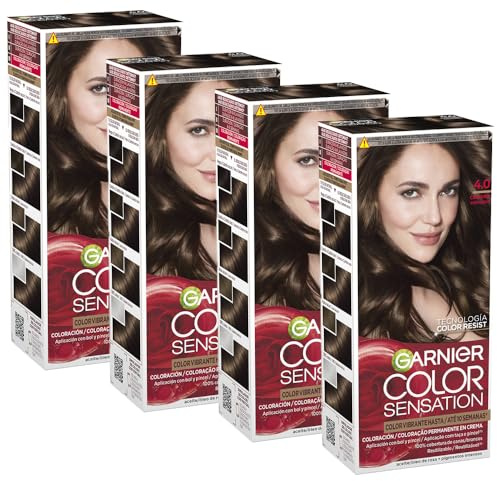 Garnier Color Sensation Pack 4 4.0 Castaño Tinte Permanente | Color Intenso y Brillo Espejo, Cobertura 100% Canas, Aceites Florales, Color Sensation