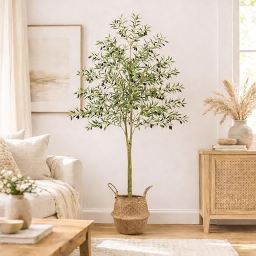 Marco Paul Luxury Large 6FT Artificial Olive Tree With Woven Basket Faux Silk Olive Plant with Life like Leaves & Olives Fruit Fake Tree for Home Livingroom Office Balcony Indoor Very Realistic
