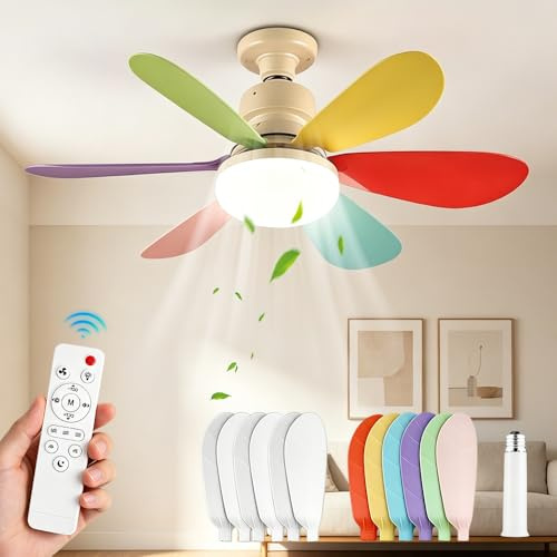 HOVCEH Ceiling Fans with Lights, 3-Color and 3-Speeds Fan Lights Ceiling for Bedroom, Rainbow Fan Blade Ceiling Fan Light with Remote, Fan Light Suitable for Bedrooms and Living Rooms, Energy Class A