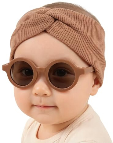 Set 2 Pezzi Fascia Capelli Neonata e Occhiali da Sole - Fascia Neonato Morbida ed Elastica (36-40cm), Accessori Capelli Bambina Ideali per Servizio Fotografico e Uscite, Marrone Caffè